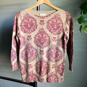 LOFT Beige and Pink Floral Cotton Sweater